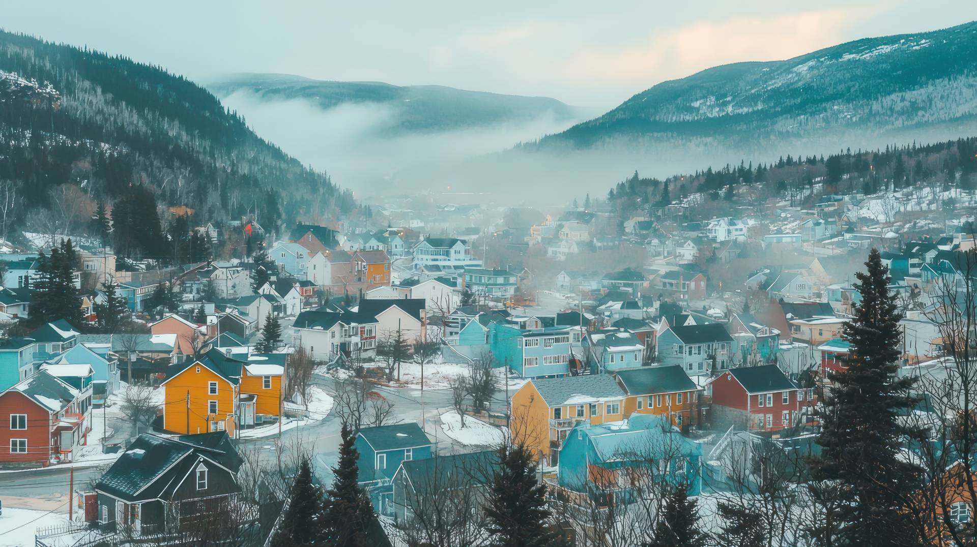 Snow-covered streets and houses in Newfoundland during winter